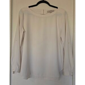 LOFT White Roll Tab Sleeve Button Back Blouse Top Sz‎ MP Office Preppy Old Money